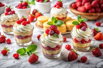 Whipped cream, raspberries, and a marble countertop create a dreamy, tilt-shift dessert scene.
