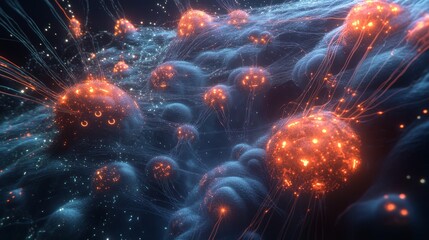 Digital neural network visualization with glowing connections and neural activity