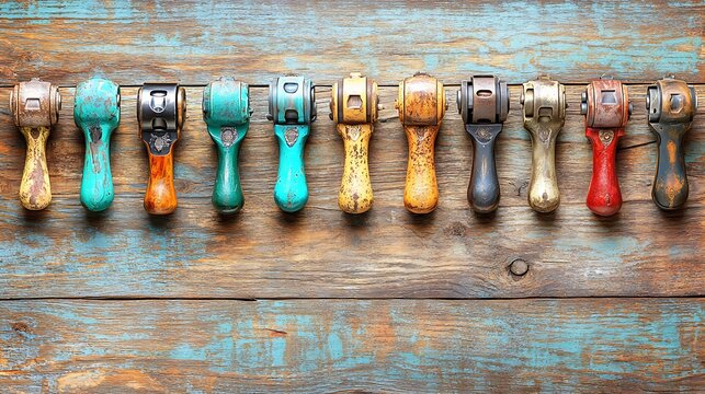 A collection of various old ratcheting tools arranged upon wooden planks