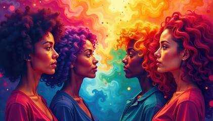 Naklejka premium Abstract swirling colors, vibrant hues depicting diverse ethnicities, coexistence, swirl, illustration