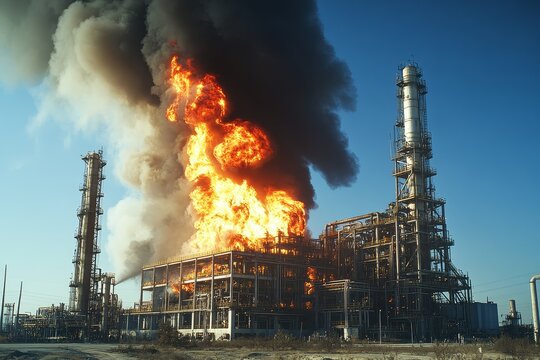 Massive fire engulfs industrial oil refinery with towering smoke plumes