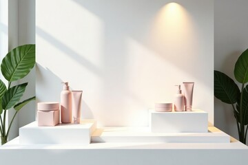 Clean, minimalist white backdrop for cosmetic displays, display, luxury
