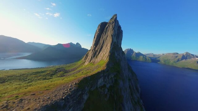 FPV Drone Shot Over Segla Mountain on Senja Island, Norway