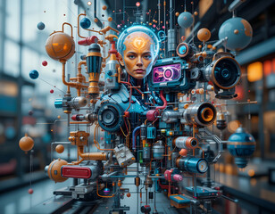 Woman Integrated with Intricate Machinery and Technology Displays a Futuristic Concept