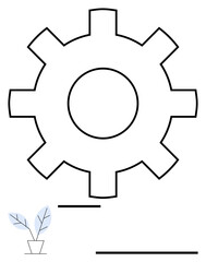 Large gear outline emphasizing productivity with a small plant pot symbolizing growth, sustainability, and balance. Ideal for innovation, teamwork, ecology, balance, industry, productivity