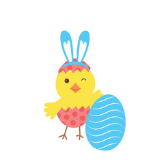 easter chick in egg shell with rabbit ears on isolated on white background, colorful vector illustration