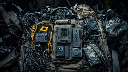 Military communication equipment field setup digital devices tactical environment overhead view connectivity strategy