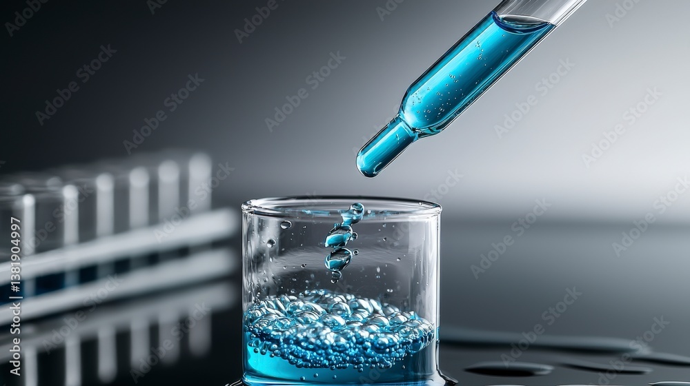 Poster experiment in a laboratory dropping blue liquid into glass container close-up scientific environment