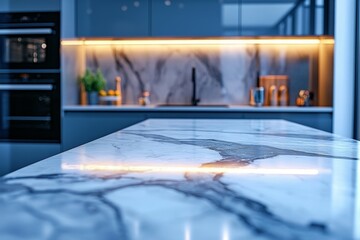 A kitchen with a marble countertop and a light above it