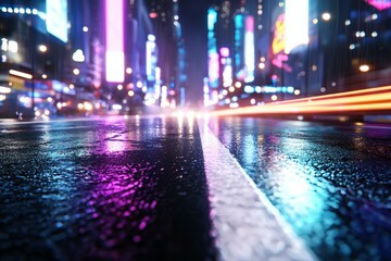 Obraz premium A city street with neon lights and a white line on the road