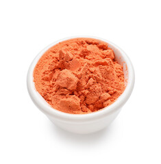 Bowl of color powder pigment on white background