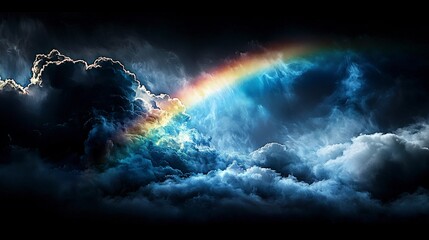 Mysterious rainbow emerges after storm nature's canvas cloudy skies dramatic landscape serene viewpoint