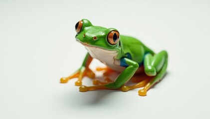 Fototapeta premium Green tree frog perched on white, vibrant skin detail, amphibian, closeup