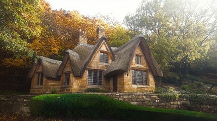Fototapeta premium Quaint, thatched-roof cottage nestled amidst autumn foliage.
