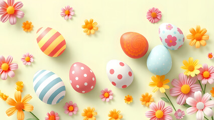 Fototapeta premium Colorful Easter eggs and flowers in a festive spring setting