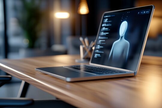 A laptop computer is open on a wooden desk
