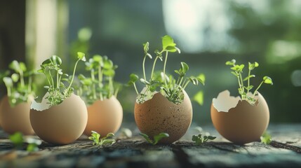 Four Cracked Eggshells with Green Sprouts Growing on Rustic Wooden Surface