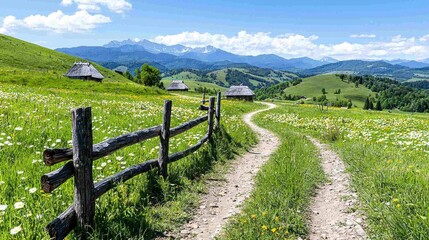 Picturesque Dirt Path Through Wildflower Meadow and Rolling Hills