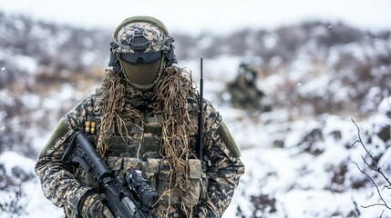 Naklejka premium Military soldier engaged in tactical operations snowy terrain action shot cold environment close-up combat readiness
