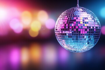 Disco ball is suspended in the air, surrounded by a colorful