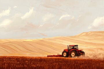 Obraz premium Rural tractor plowing a golden field under a cloudy sky.