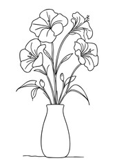 Obraz premium Trumpet Flower Vase Illustration – Hand Drawn Black and White Line Art of Curved Petal Flowers and Buds in Vase for Coloring Page or Home Decor
