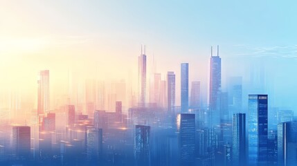 Urban horizon: A vibrant cityscape with modern architecture rising towards a bright, gradient skyline.