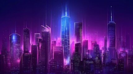 Obraz premium Neon city skyline: skyscrapers illuminated in vibrant purple and blue hues, creating a futuristic cityscape.