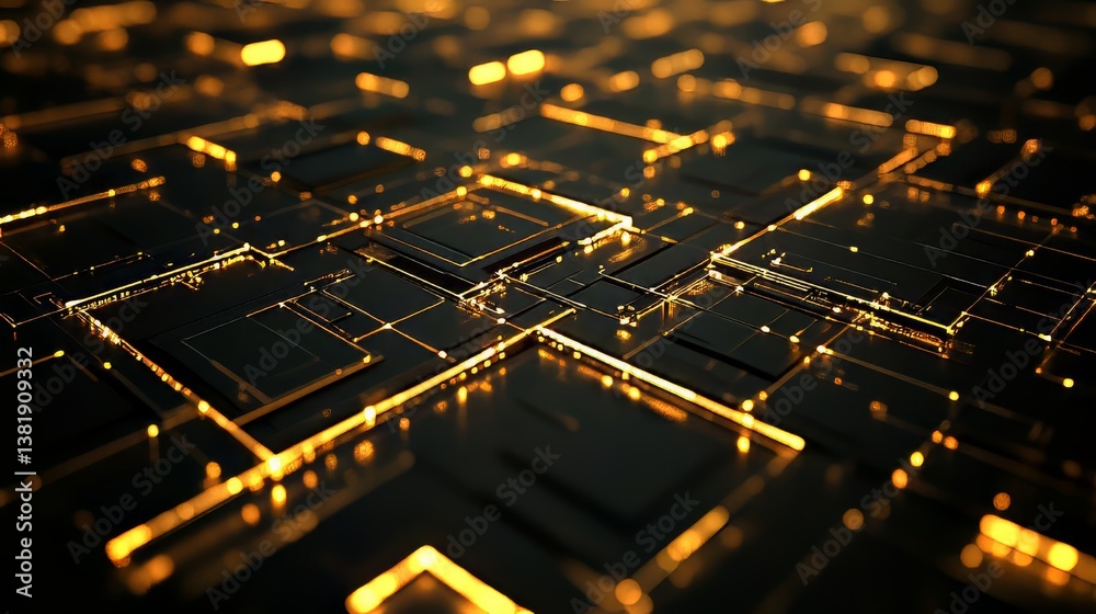 Poster golden lines create an intricate tech network. the circuit design conveys innovation and connectivit