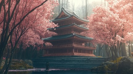 Peaceful Japanese temple nestled amidst a blossoming cherry blossom forest, showcasing serenity and tranquility. Lush greenery and soft light enhance the serene atmosphere.