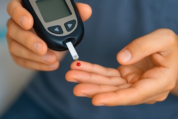 Patient measuring blood glucose level using glucose meter at home
