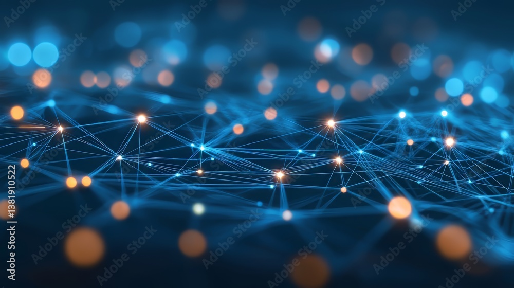 Poster abstract digital network with interconnected nodes and glowing lights representing connection.