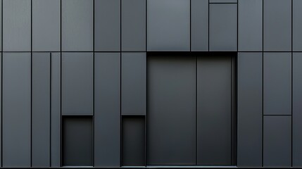 Dark facade with rectangular panels and a door