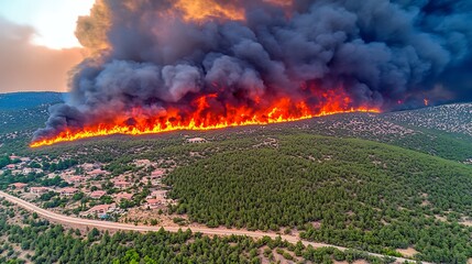 A destructive wildfire consuming a forested hillside landscape with smoke
