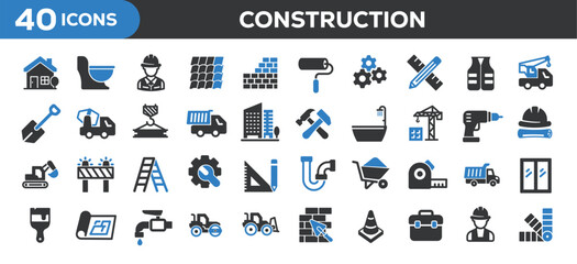 Construction icons collection. Related architecture, buildings, renovation, engineer. Solid colors style icons. Vector illustration isolated on white background