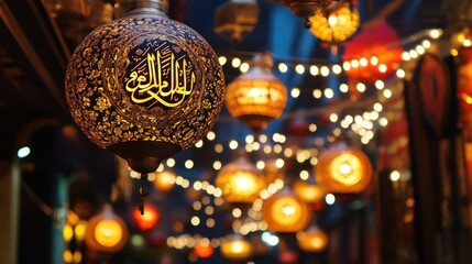 Glowing Decorative Lanterns with Arabic Calligraphy Illuminate a Festive Market Scene