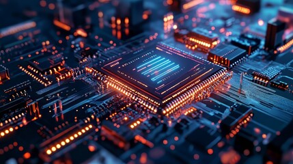 Obraz premium Complex microprocessor showcasing intricate network of circuits, signaling advanced technology.