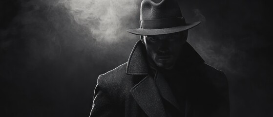 Noir Detective in Shadowy Environs, Monochrome Mystery with a Fedora