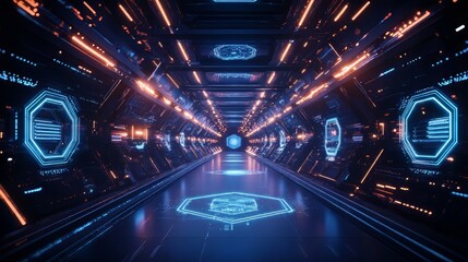 Obraz premium Futuristic corridor with glowing blue and orange accents, creating a sense of depth and modern technology.
