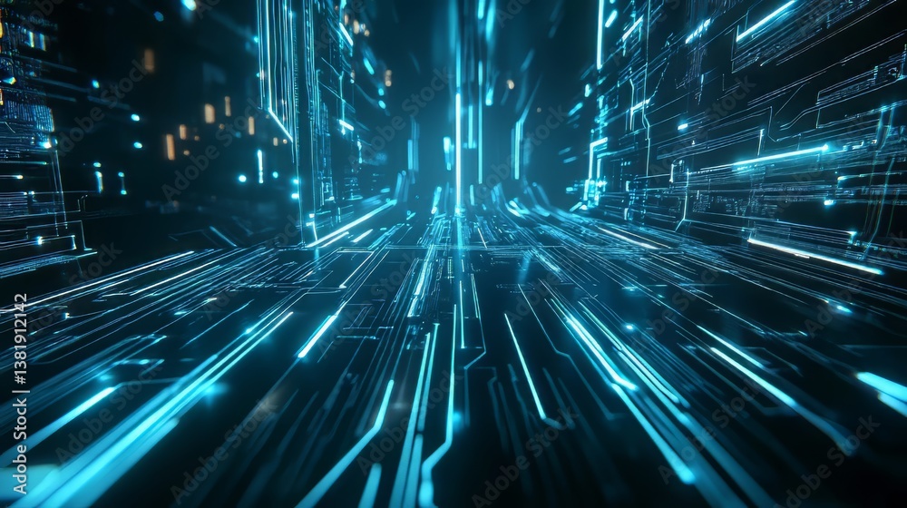 Poster illuminated pathways and circuit designs create a technological future vision with depth and intrica