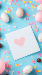 Easter celebration card with heart and eggs on a colorful confetti background