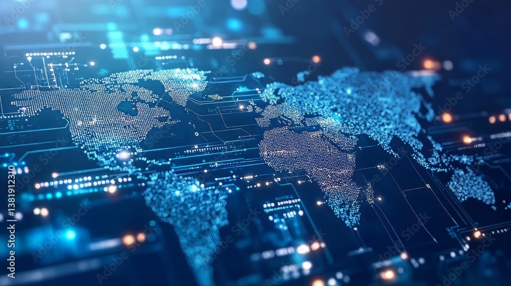Poster digital world: a glowing map on a circuit board showing global network connectivity. technology abst