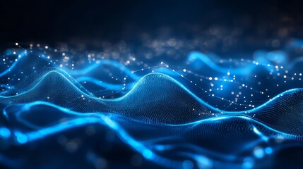 Abstract blue landscape: data flows and dots form a network, symbolizing connectivity and technology.