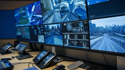 Control Room Featuring Multiple Monitors Displaying Surveillance Footage Technology in a Monitoring Center with Modern Equipment and a Digital Dashboard System