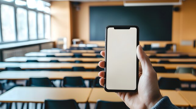 Modern Classroom Technology: Hand holding smartphone displaying blank screen in a modern classroom