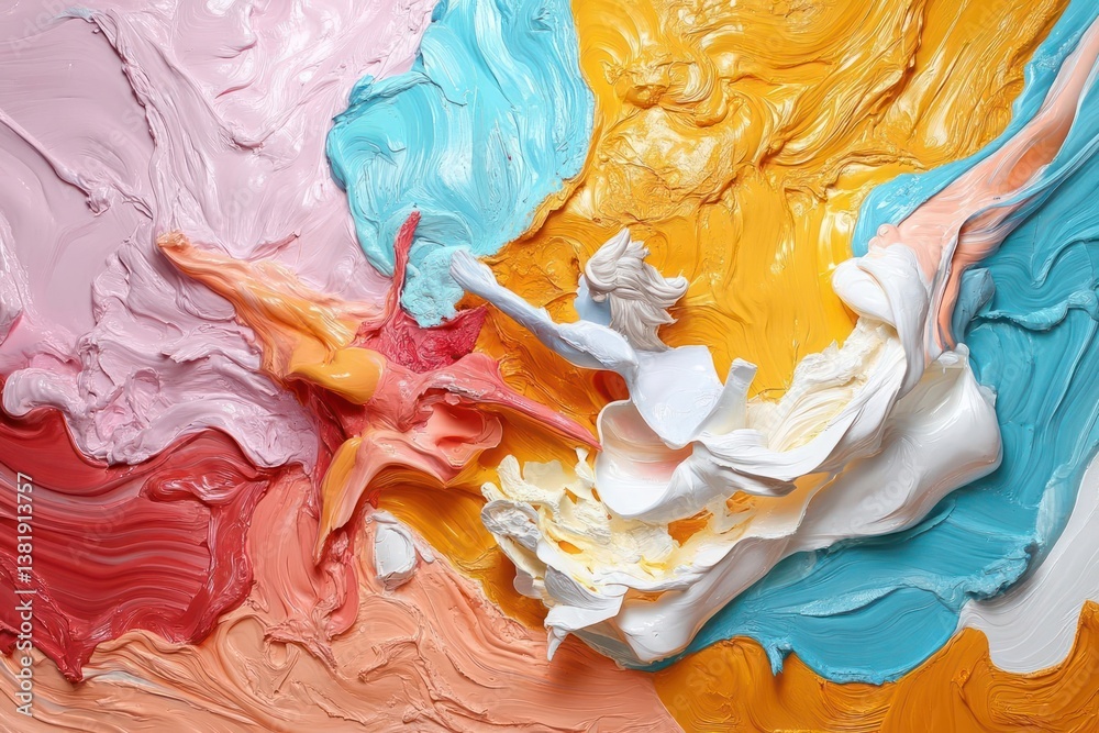 Poster Abstract artwork with a vibrant mix of colors including pinks reds oranges yellows blues and whites. The paint appears textured with visible brushstrokes creating a dynamic and energetic composition