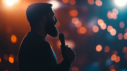Silhouetted young adult male speaker with microphone against bright bokeh lights