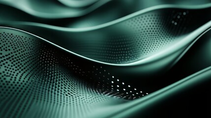 Abstract teal waves with perforated surface create a sense of depth and movement. Digital art render.