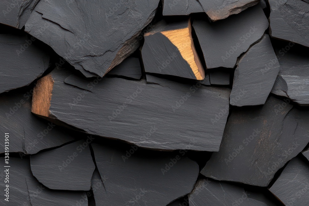 Aufkleber overhead view of fragmented dark slate with gold accents revealing textured surfaces and natural pat
