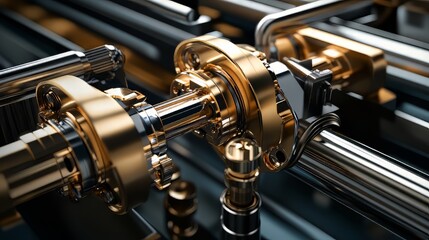 Fototapeta premium Detailed metallic engine parts featuring intricate golden and silver elements, conveying precision.